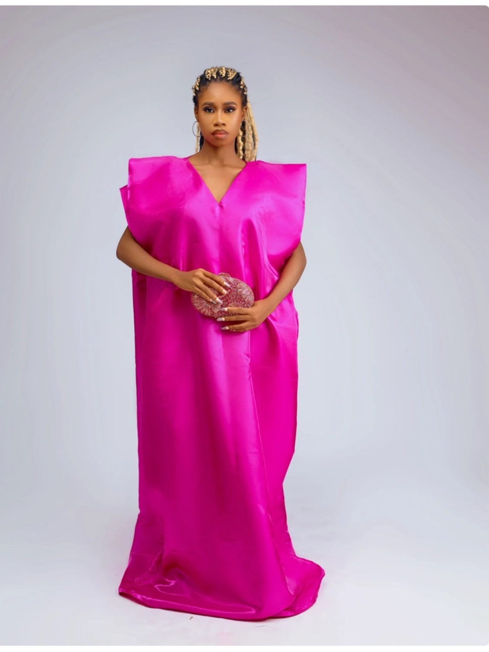 Bold Fuchsia Satin V-Neck Caftan Dress